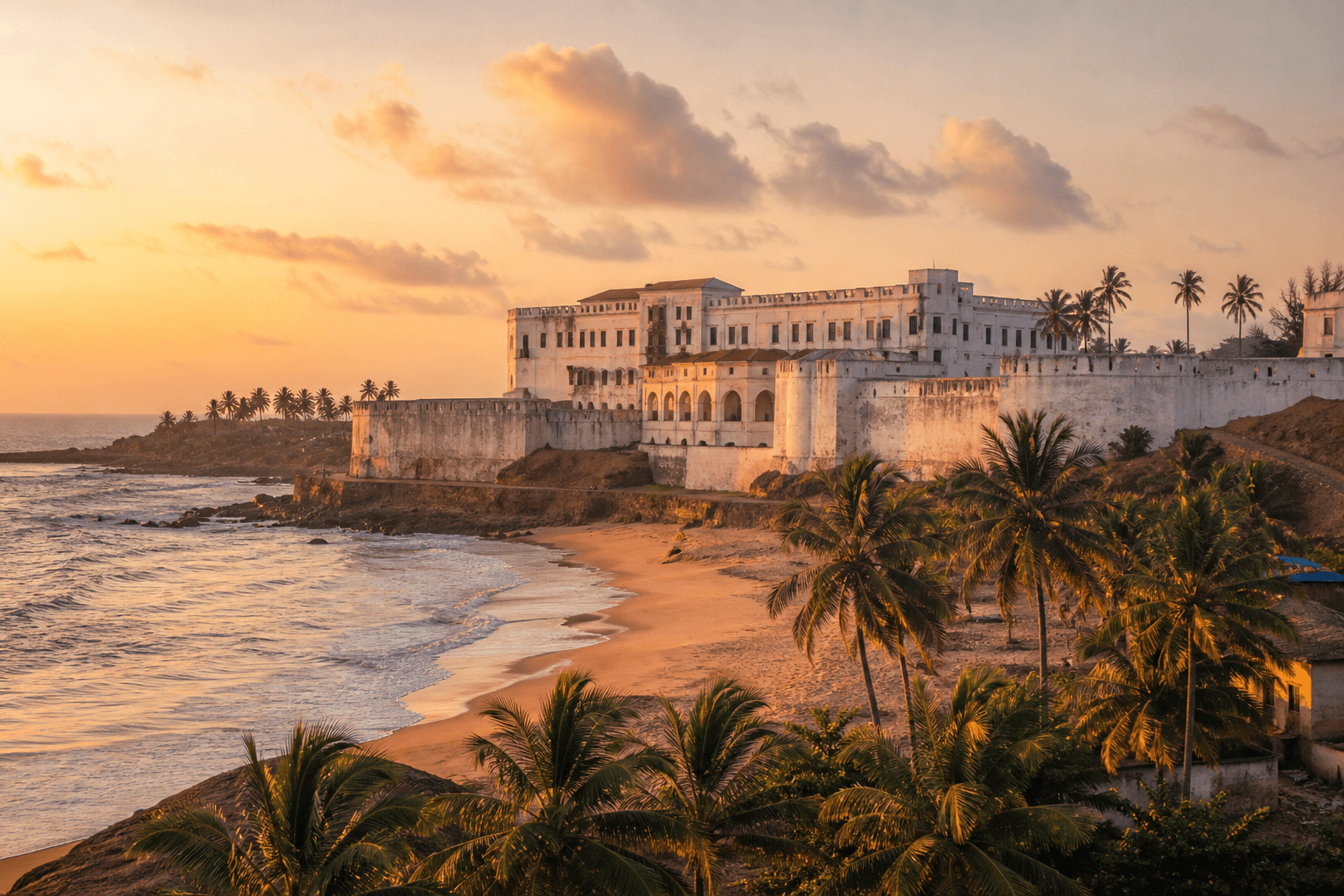 Historic coastal fort and Atlantic shoreline at Cape Coast, Ghana