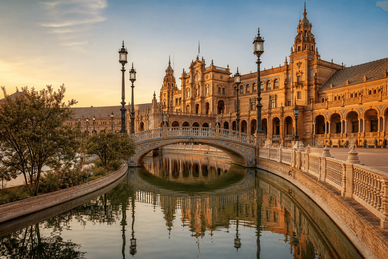 Plaza de España and canal at golden hour in Seville, Spain